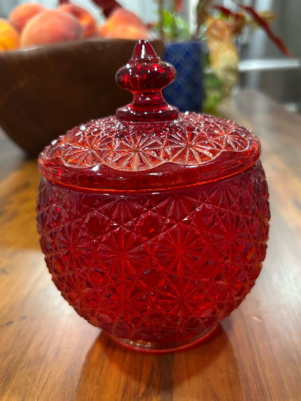 Vintage L.E. Smith Amberina Red Daisy & Button Candy Jar